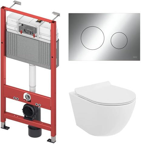 BADLAND WC-Vorwandelement Set TECEbase mit Wand-WC Rolo Weiß, Schallschutzmatte & Betätigungsplatte Chrom – Komplettset für Trockenbau & Vorwandinstallation