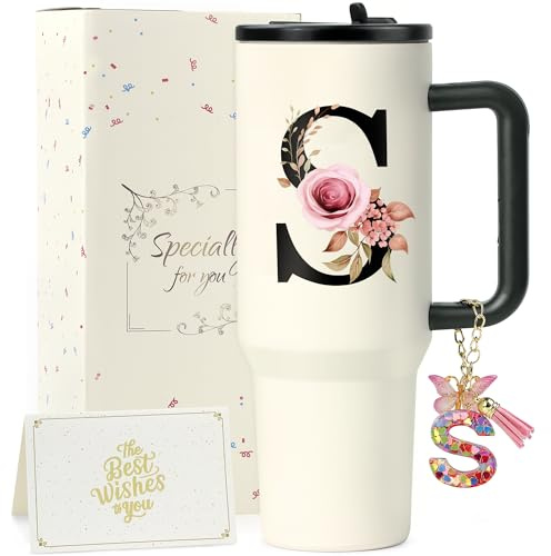 ZIOSINM Personalisierte Geschenke für Frauen, Thermobecher mit Strohhalm | A-Z Doppelwandiger Edelstahl Trinkbecher mit Deckel und Strohhalm, Geschenke für Frauen zu Geburtstag Weihnachten Valentinsta
