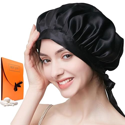 Silk Wrap for Sleeping, Mulberry Silk Women's Sleeping Cap, Long Curly Adjustable Hair Cap, Soft and Comfortable Satin Sleep Cap (Black)