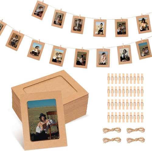 KATLINNA 40 Stück Fotogirlande Kraftpapier Papier Bilderrahmen 11.3 x15.3cm | DIY Karton Bilderrahmen mit Mini Holzklammern und Hanfseilen für Wanddekoration, Hochzeit Party Geburtstag Fotogirlande