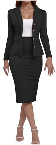 KOG Blazer Damen Elegant 2-Teiliges Outfit Rock Anzug Set Frauen Dünne Festlich Blazer Bleistiftrock Anzug Set Casual Outfits für Arbeit Business Kostüm Hosenanzüge Hosenanzug Schwarz XXL