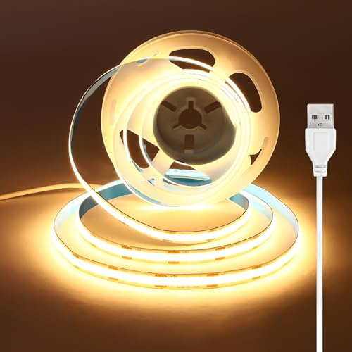 luktix 1.5m Tira LED COB USB, 5V, Blanco Calido, 3000K, 8mm Ancho, CRI 92 | Tira LED Flexible para Retroiluminación e Iluminación Ambiental de TV, Espejos, Armarios de Cocina y Estantes