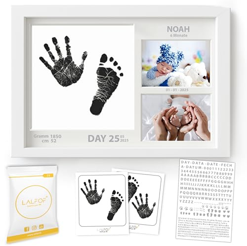 Lalfof® Cornice Impronta Mani e Piedi Neonati 2in1 con Nome. Cornice impronte neonato con kit in argilla e inkpad. Idea regalo per neonato maschio o regalo neonata femmina. kit impronte neonato 2in1
