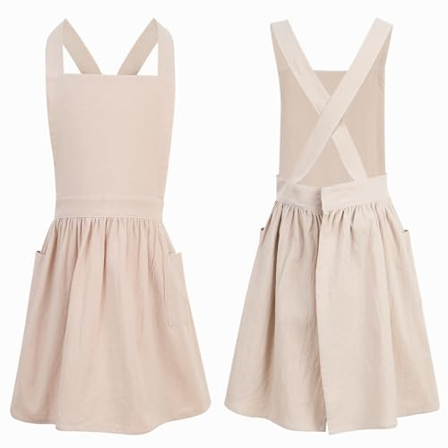XLSXEXCL Kids Pinafore Apron, Cross Back Apron, Japanese Style Bib Aprons Home Clothes, Toddler Painting Artist Aprons with Pockets for Boys and Girls for Painting Cooking Baking(Large version, Beige)