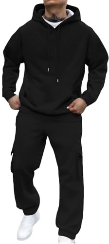 PODOLIXIA Tuta da uomo lunga in due pezzi, tuta da jogging con cappuccio, tuta sportiva casual, felpa con cappuccio e pantaloni da jogging, abbigliamento sportivo da uomo, set da 2 pezzi, Nero , S