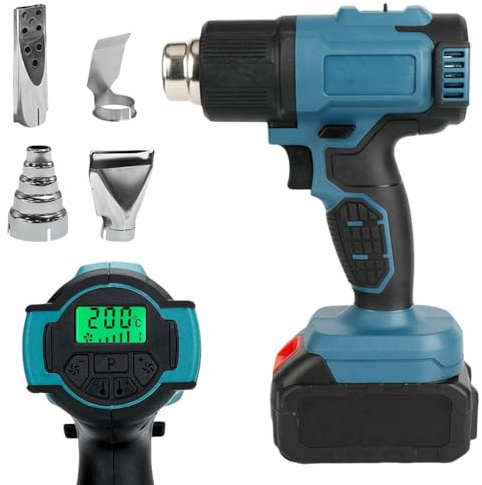 Batteridriven varmluftspistol för Bosch 18 V, 50–550 °C sladdlös varmluftsfläkt med LCD-display och 4 munstycken i rostfritt stål, justerbar temperatur och luftkontroll, varmluftspistol för krympning
