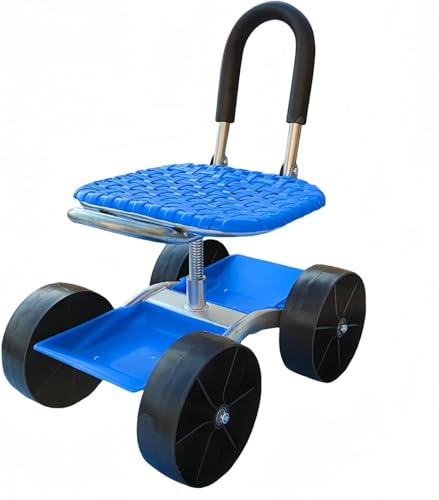Veesper Rolling Garden Cart with Seat, Mobile Garden Wheel Chair with Storage Basket, 360° Swivel & Height Adjustable Rolling Seat for Lawn Work, Planting, Weeding.