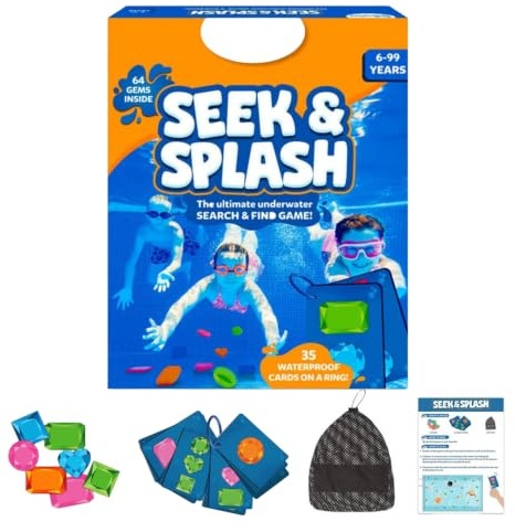 Pool Spielzeug für Kinder, Unterwasser Suchspiel mit 64 Edelsteinen & 35 Wasserdichten Karten, Tauchringe für Kinder, Tauchspielzeug Poolspielzeug Set mit Netzbeutel, Sommer Wasserspiele