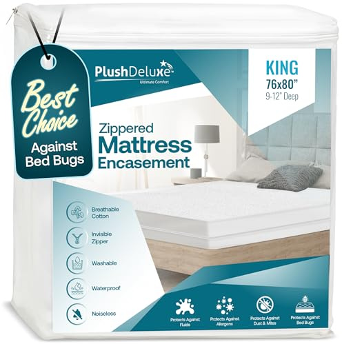 PlushDeluxe King Size Premium Mattress Encasement - Zippered Waterproof, Bedbug Proof Design, 6-Sided Protection - Hypoallergenic Cotton Terry Fabric 9-12 Depth