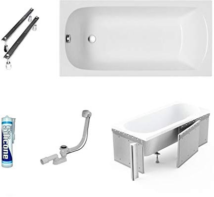 ECOLAM® Badewanne Wanne Rechteck Classic Polimat Acryl weiß 120x70 cm + Styroporverkleidung 1.041 zum Verfliesen + Ablaufgarnitur Ab- und Überlauf Automatik Füße Silikon Komplett-Set