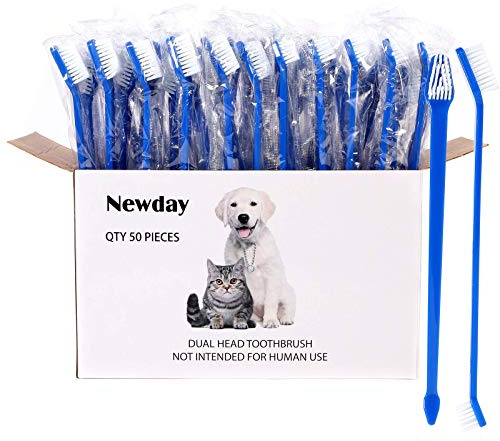 Newday 50 Pieces Double-Headed Dog Cat Pet Toothbrush, Super Soft Bristles Oral Care Teeth, pet Tooth Brush for Dogs, Dog toothbrushes in Bulk Individual polybag (Blue)