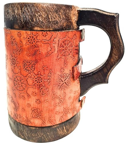 collectiblesBuy Ancient Wooden Leather Wrapped Hand Carved Beer Tankard Bar Drinkware Anchor Wheel Inlay Wood Mug