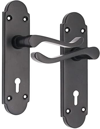 Infinity Decor Pair of Victorian Scroll Matt Black Curved Lever on Shaped Backplate Keyhole Lock Door Handles Set - Ideal for Interior & Exterior Doors