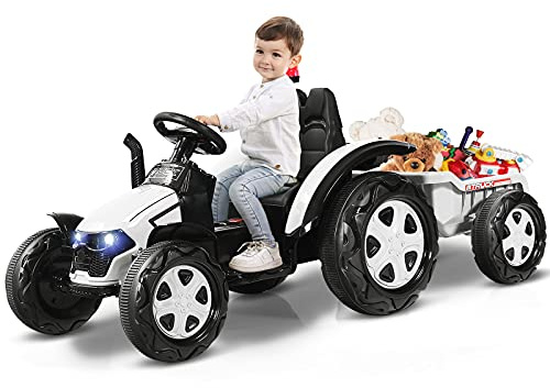 COSTWAY Tractor Eléctrico 12 V 7 AH para Niños con Remolque, Tractor Juguete para Niños 3-8 años, Mando 2,4 G y Arnés de Seguridad de 2 Puntos, Faros, Música, Bocina, MP3,USB (Blanco)
