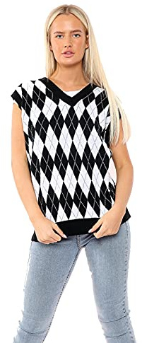 Women's Diamond Print Knitted Vest Tank Top V Neck Sleeveless Pullover Jumper Acrylic Sweater Vest Size Black/White 8-10