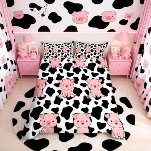 Loussiesd Pig Duvet Cover Kids Cute Pink Pig Bedding & Linen Black White Cow Bedding Set Boys Girls Cartoon Farm Animal Bedding & Linen Ultra Soft Single Size Zipper