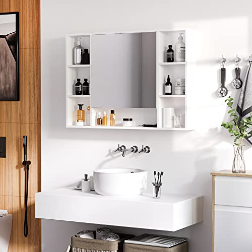 kleankin Badezimmer Spiegelschrank Wandschrank Badezimmerspiegel Soft-Close-Funktion Badmöbel Mehrzweckschrank mit 7 offenen Ablagen MDF+Glas Weiß 100 x 15 x 70 cm