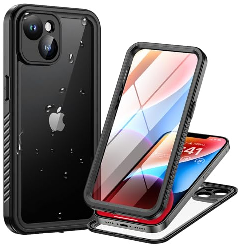 Lanhiem för iPhone 14 skal vattentätt, iPhone 14 skyddsfodral, vattentätt, 360 utomhus, stötsäkert, dammsäkert pansarfodral med kameraskydd/skärmskydd, Svart