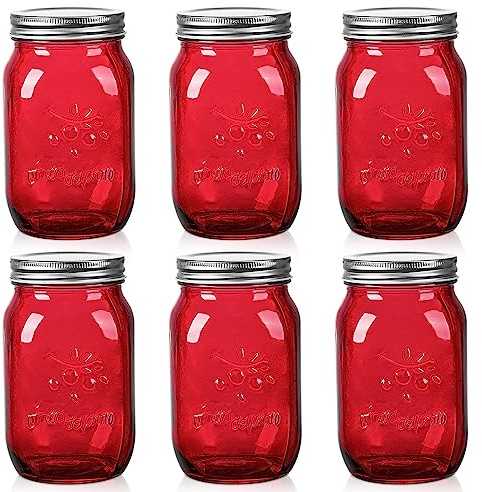 Amzcku 32oz Red Mason Jars with Lids, 6 Pack Wide Mouth Quart Canning Jar, Safe For Storage, Canning, Pickling, Preserving, Fermenting, DIY Crafts & Decor