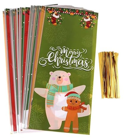 SUMKTO 50 Stück Weihnachts süßigkeiten Taschen Weihnachts Mann Schneemann Gemischte Plastik Geschenk Beutel Frohe Weihnachten für 2024 Heim dekor Silvester Party zubehör