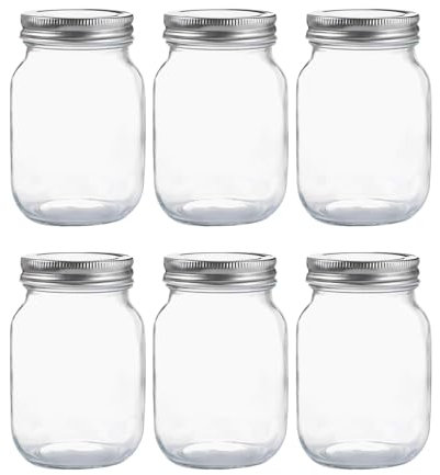 16 oz Glass Mason Jars,6 Pack 500ml Clear Glass Jars with Silver Metal Lids for Sealing, Food Storage,Overnight Oats Jar, Pickling Jars, Dry Food, Snacks, Candies