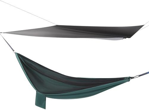 Hängematte Outdoor, Hängematte mit Moskitonetz und Regen Fliege Tarp, Hängematten für Backpacking und Reisen, 200kg Last Kapazität, für Camping oder Wandern, 290cm*140cm (Schwarz+Schwärzlich Grün)