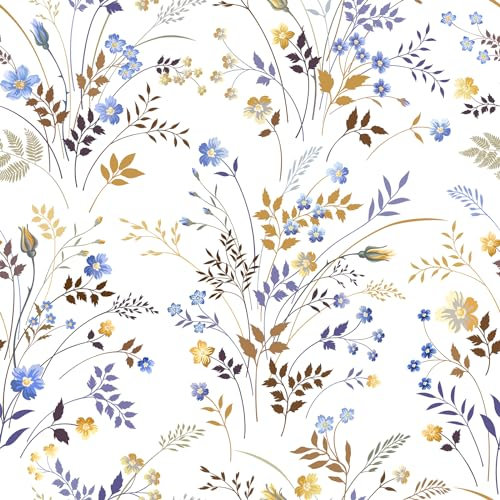 VEELIKE Tapete Blau Blumen Wildblumen Mustertapete Blumentapete Vintage Tapete Blätter Blau Gelb Tapete Floral Fototapete Schlafzimmer Romantik Wand Dekoration Schlafzimmer Badezimmer 44.5cm×300cm