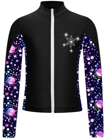Yeahdor Kinder Mädchen Eiskunstlauf Mantel Langarm Sport Jacke mit Strass Glitzer Trainingsjacke Wettkampf Yoga Jogging Fitness