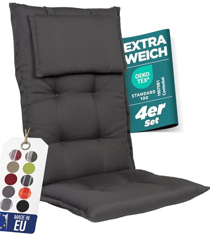 gardisun Gartenstuhlauflagen Hochlehner mit Kopfteil, 4er Set, Anthrazit | Extra Dicke Sitzauflagen, Made in EU, Polsterauflagen für Hochlehner, Auflagen mit extra hoher Lichtechtheit