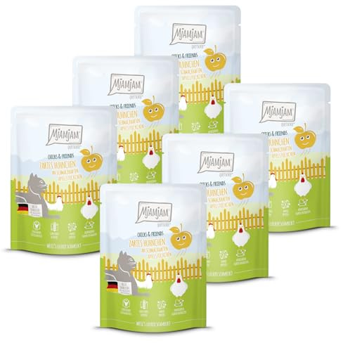 MjAMjAM - Premium Nourriture Humide pour Chats - Quetschie - Chicks & Friends Poulet Tendre aux Savoureux Morceaux de Pomme, Paquet de 6 (6 x 300g), sans céréales