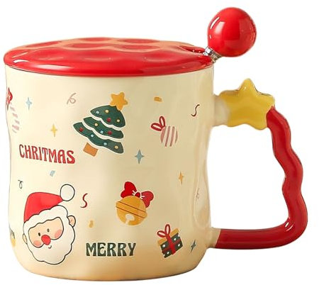 PLUSHCEWT Taza de Café de Navidad, Taza de Té de Cerámica con Asa de Estilo Navideño de Dibujos Animados, Taza de Navidad con Tapa y Cuchara, 380ml (Rojo)