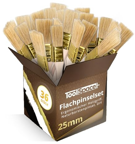 ToolSpace Platt penselset – 36 st – 25 mm – målningssats, fin naturborste för väggar, svåråtkomliga platser – ergonomiskt trähandtag, gör-det-själv