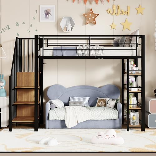 WIZBED Hochbett Metallbett 90x200cm mit Kleiderschrank, Treppe und 4 Regalen, Bettrahmen Etagenbett mit Lattenroste aus Metall, Jugendbett,Schwarz ohne Matratze