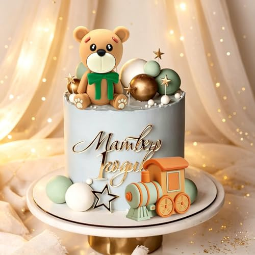 Boho Sage Green Bear Cake Toppers Beige Brown Ball Decor