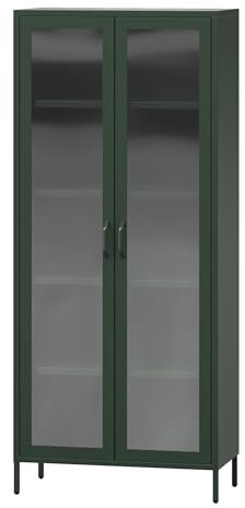 Jan Nowak 2-türiger Vitrinenschrank - Angelo | 80 x 185 x 45 cm | 4 Verstellbare Ablagen, Gehärtetes Glas, Wandmontage | Glasvitrine Stehend, Vitrine Glas, Wohmzimmerschrank Glitzernd | Flaschengrün