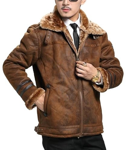 SXHEYUY Herren Fleece Futter Jacke Sherpa Lammfell Braun Mantel Warme Fleece Cargo Jacke,Braun,3XL