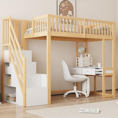 Merax Hochbett 90x200 cm mit Schreibtisch, Multifunktionales Hochbett für 1 Person mit Treppenregal, Weiß und Holz (ohne Matratze)