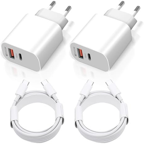 2 Pièces Chargeur USB C, Prise Rapide 20W Compatible avec iPhone 15/ iPhone 15 Plus/iPhone 15 Pro/iPhone 15 Pro Max/iPad et Autres, Adaptateur Secteur Type C Double Port avec 2PCS Câble C-C
