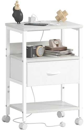 Lutown-Teen White Bedside Table with Charging Station & 4 Castor Wheels | Small Bedside Cabinets for Bedroom, Metal Side Table White with 1 Fabric Drawer and Open Storage Shelf for Living Room