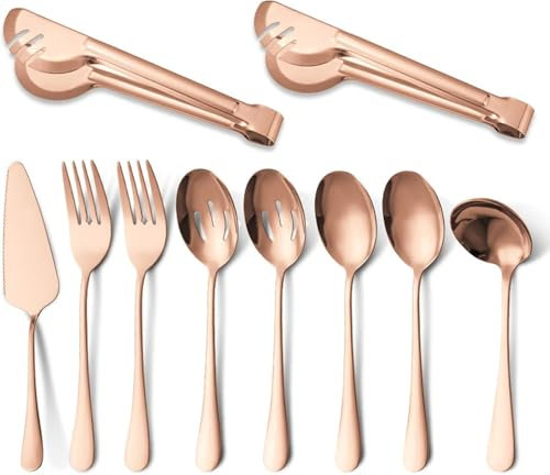 Juego de Utensilios de Cocina, Cuchara, tenedor, pala for pastel, pinzas for comida, platos caseros, vajilla de acero inoxidable, utensilios de cocina, juego de 10 Uds. De color(Rose Golden)