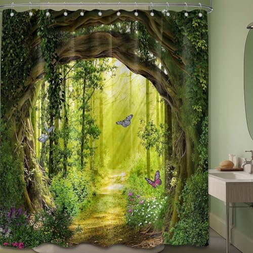 Sonbraux Forest Shower Curtains for Bathroom Green Nature 3D Garden Outdoor Wet Room Shower Curtain, Washable, Waterproof, Cloth Fabric, 180 x 240cm