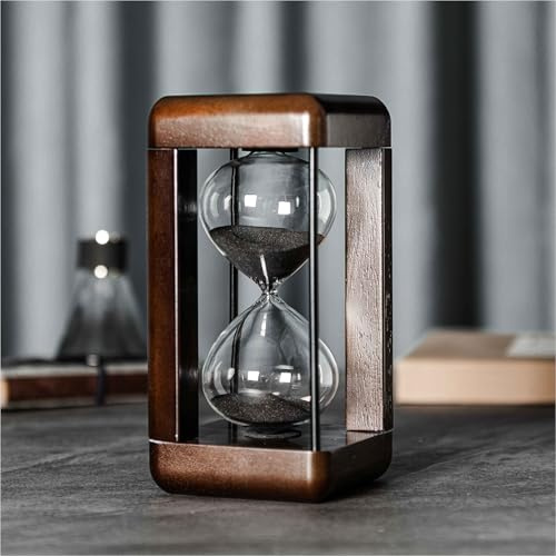 ELAINESTORE Temporizador de reloj de arena de 60 minutos, marco de madera y metal, temporizador de arena decorativo para oficina, yoga, decoración del hogar (arena negra, tamaño grande)