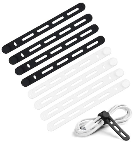8 Pcs Brida Silicona, Silicona Cable Silicon,130 mm, Reutilizable, Lavable, Ajustable Elastic Cord Organize, Utiliza Gestionar Cables Carga, Cables Ordenador, Apto Viajes Casa (Negro*4,Blanco*4)