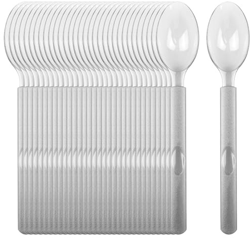 100 Stück Plastiklöffel Partygeschirr Plastikbesteck Wiederverwendbar Plastik Kunststoff Löffel Set, Mehrweg, Silbergrau, für Party und Outdoor