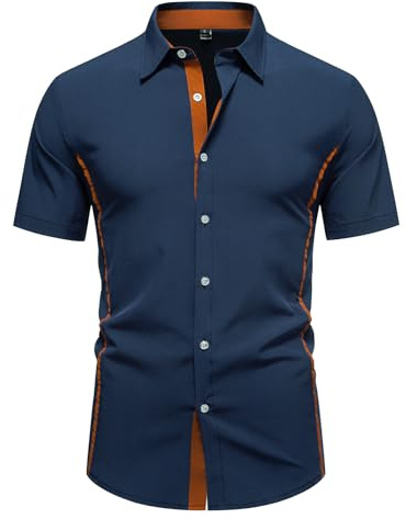 MakingDa Short Sleeve Shirts Men Slim Fit Stretchy Summer Smart Casual Fitted Button Down Shirt for Wedding Party Holiday Beach Business Office-Dark Blue-L