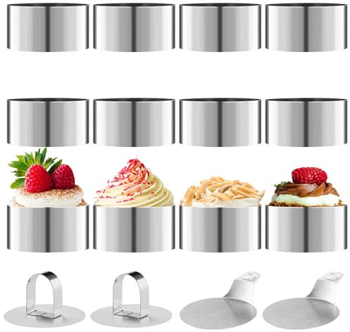 Juego de moldes de postre de 16 piezas, que incluyen 12 anillos de pastel (8 cm de diámetro), 2 soportes inferiores y 2 tapas, adecuadas para mousse, pasteles, postres, moldeo de pastelería