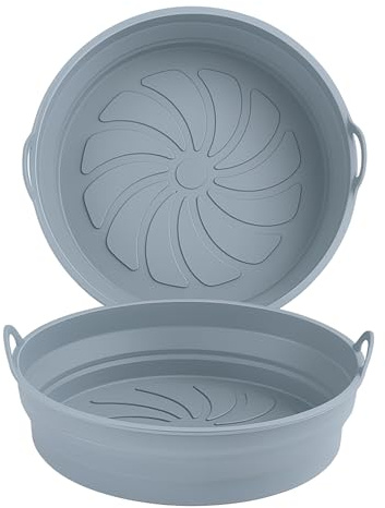 2PCS Grey Air Fryer Silicone Liners, Reusable Round Air Fryer Basket Inserts with Handles, Non-Stick Foldable Baking Tray, Food-Grade Heat Resistant Accessories for Oven, Microwave & Steamer