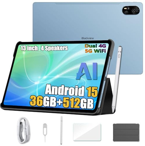 Blackview Mega 8 (2025) 13 Pouces Gaming Tablette Android 15, 36Go+512Go/2To Tablette Tactile, Haut-parleurs Quad-Box, 11000mAh, 50MP, 4G LTE, 5G WiFi Tablette PC Mode, Stylo Intelligent + Coque, Blu