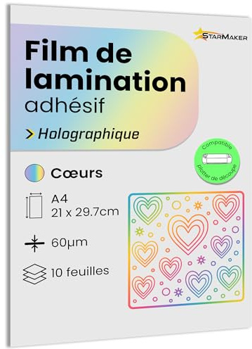 10 fogli A4, pellicola per laminazione a freddo olografica, fogli laminati autoadesivi per foto e adesivi, compatibili con plotter da taglio (cuori)