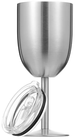 Foppla Stainless Steel Wine Glass with Lid Insulated Double Walled Leak Proof Unbreakable Shatterproof Portable Travel Tumbler for Outdoor Drinking Party Bar Wedding Anniversary Camping(Silver)